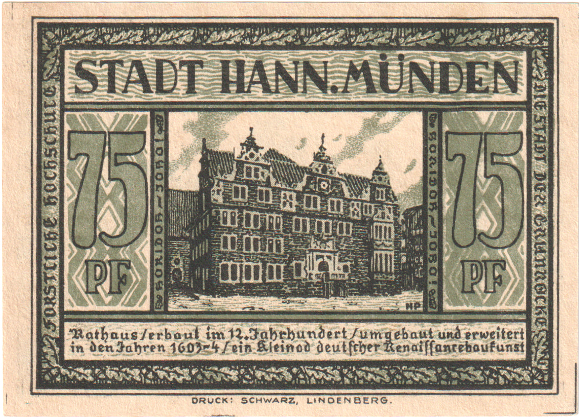 Nota, Alemanha, Hann. Münden Stadt, 75 Pfennig, personnage 1, 1922, UNC(60-62)