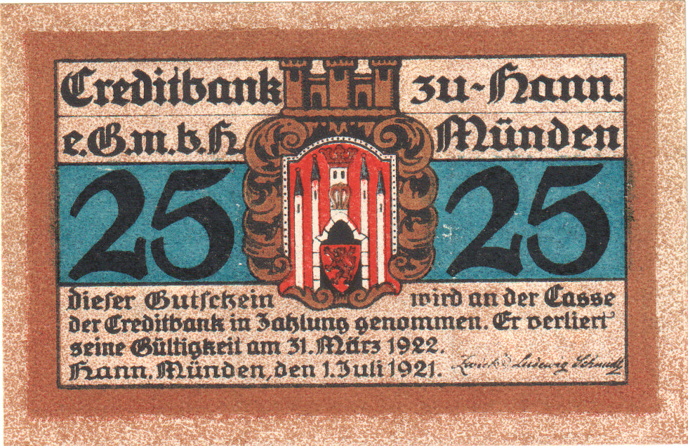 Nota, Alemanha, Hann. Münden, 25 Pfennig, paysage 1, 1921, 1921-07-01, UNC(63)