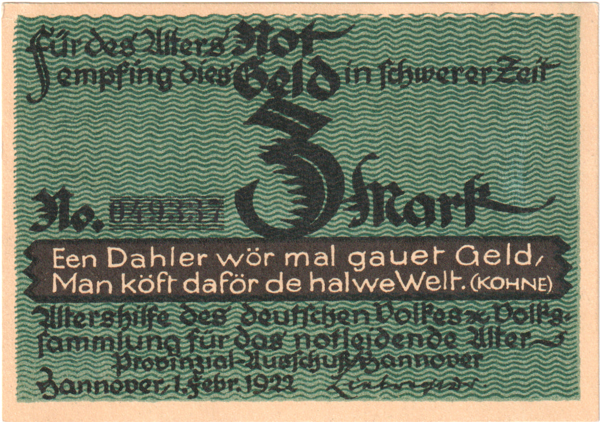 Nota, Alemanha, Hannover, 3 Mark, personnage 1, 1922, 1922-02-01, UNC(65-70)