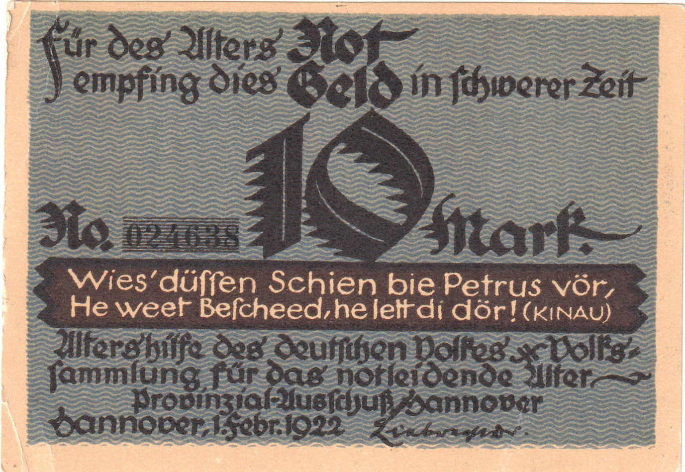 Billete, Alemania, Hannover, 10 Mark, personnage, 1922, 1922-02-01, UNC