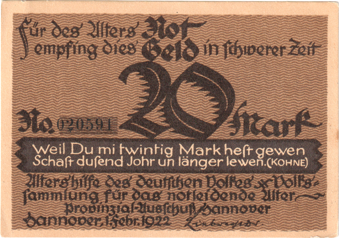 Banknot, Niemcy, Hannover, 20 Mark, personnage, 1922, 1922-02-01, UNC(65-70)