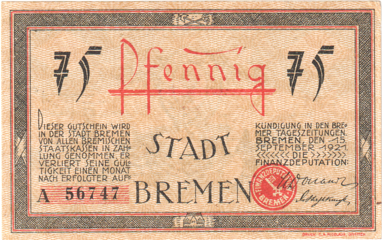 Billet, Allemagne, Bremen, 75 Pfennig, Port, 1921, 1921-09-15, NEUF, Mehl:169.1