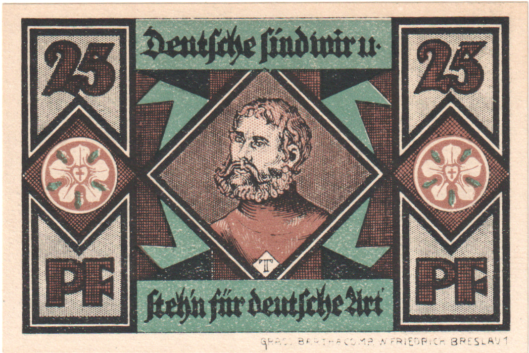 Nota, Alemanha, Breslau Evangelisch Kirchlicher, 25 Pfennig, personnage, 1921