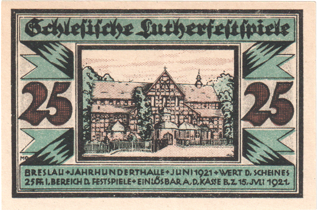 Nota, Alemanha, Breslau Evangelisch Kirchlicher, 25 Pfennig, personnage, 1921