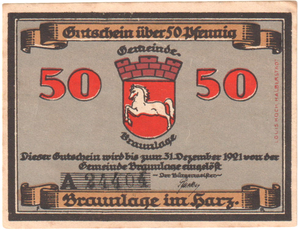 Billete, Alemania, Braunlage Gemeinde, 50 Pfennig, paysage, 1921, 1921-12-31