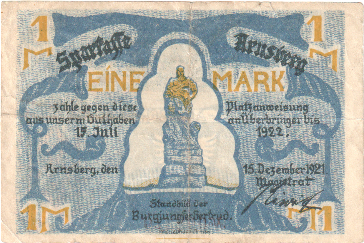 Banconote, Germania, Arnsberg, 1 Mark, statue, 1921, 1921-12-15, SPL-, Mehl:42.1