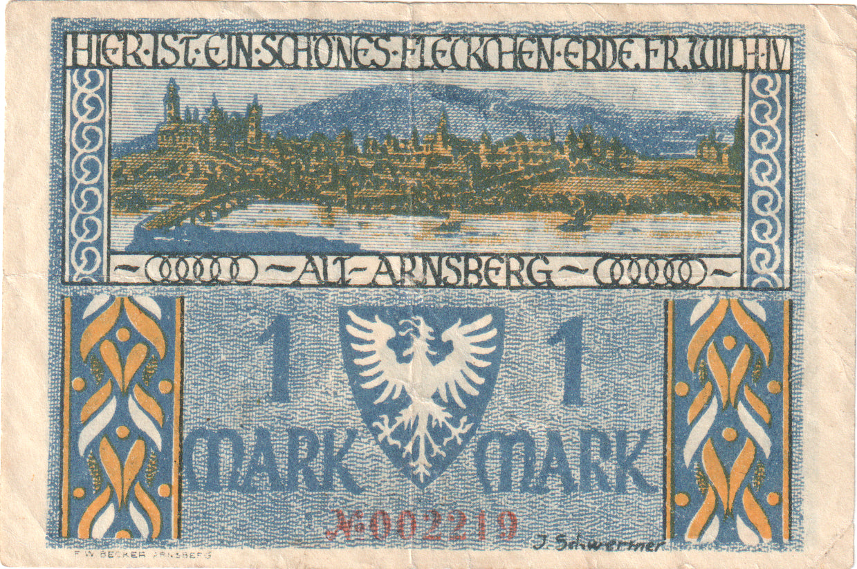 Banconote, Germania, Arnsberg, 1 Mark, statue, 1921, 1921-12-15, SPL-, Mehl:42.1