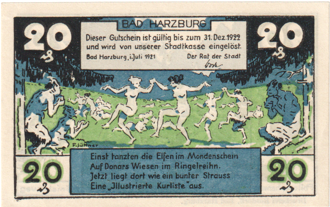 Billete, Alemania, Harzburg, Bad Stadt, 20 Pfennig, personnage, 1922