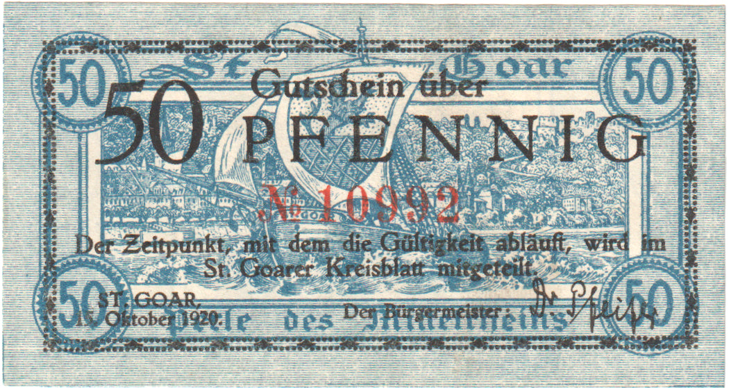 Billete, Alemania, St. Goar Stadt, 50 Pfennig, paysage 1, 1920, 1920-10-15, EBC