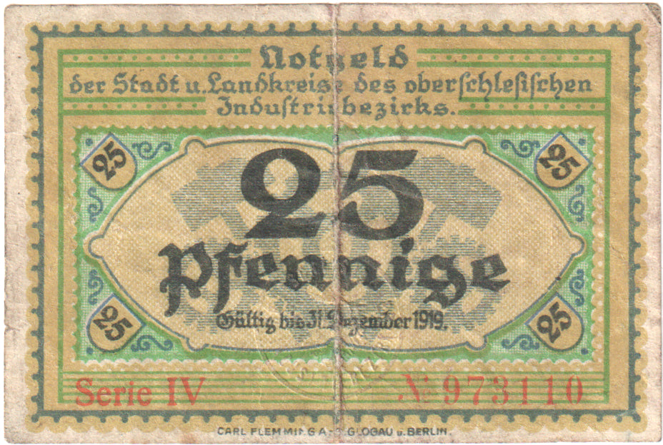 Banconote, Germania, Oberschlesischer Industriebezirk Stadt und Landkreise, 25