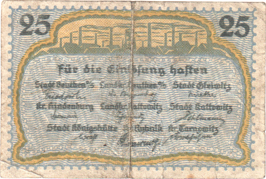 Banconote, Germania, Oberschlesischer Industriebezirk Stadt und Landkreise, 25