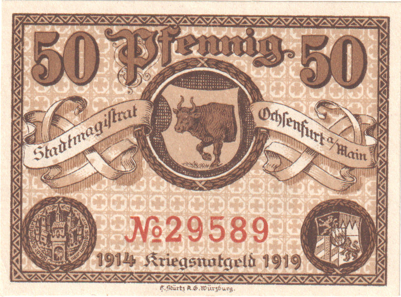 Billete, Alemania, Ochsenfurt Stadt, 50 Pfennig, Taureau, 1919 (1918), EBC+