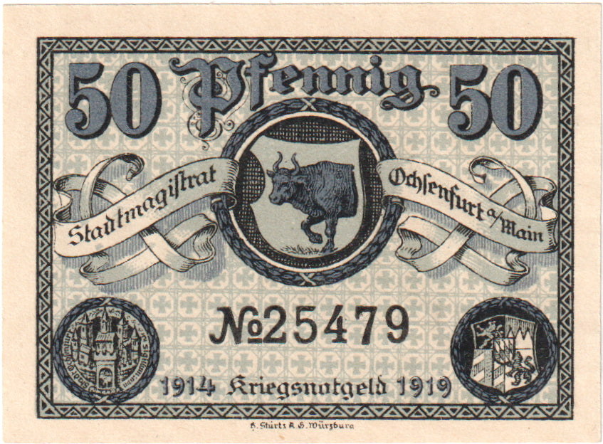 Geldschein, Deutschland, Ochsenfurt a/main, 50 Pfennig, Ecusson, 1919, UNZ-