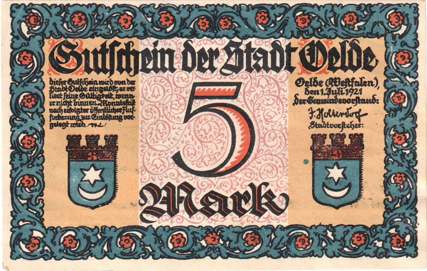 Geldschein, Deutschland, Oelde Stadt, 5 Mark, personnage 2, 1921, 1921-07-01