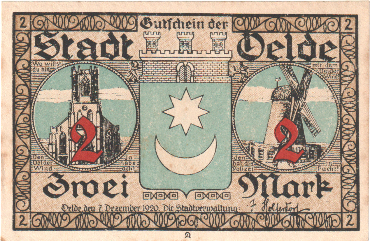 Geldschein, Deutschland, Oelde, 2 Mark, moulin, 1920, 1920-12-07, UNZ-