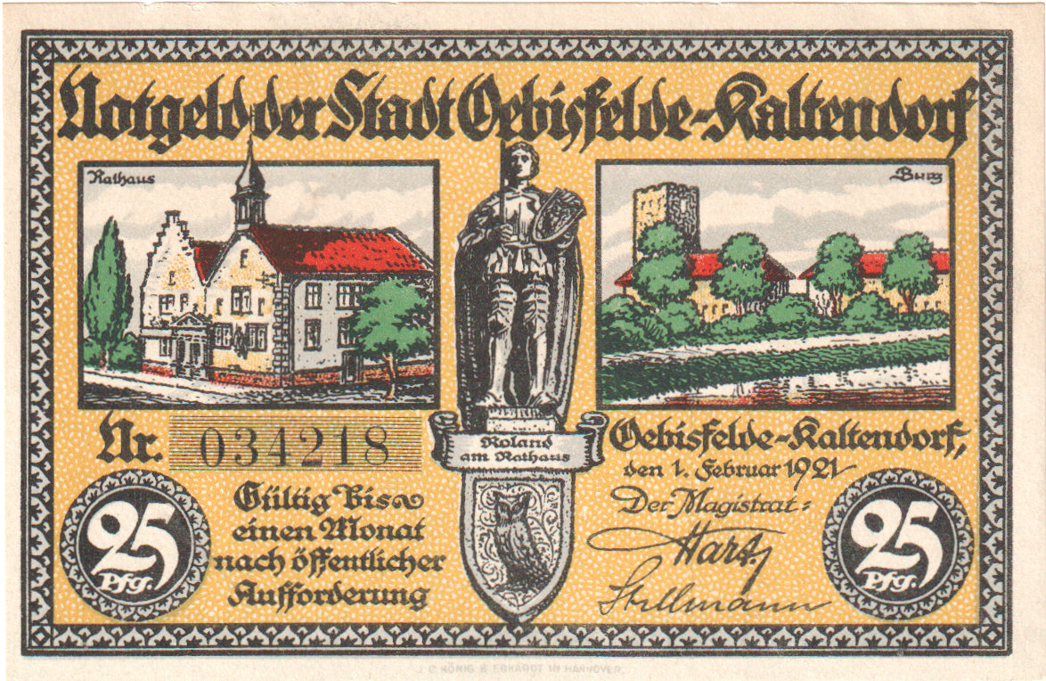 Geldschein, Deutschland, Oebisfelde-Kaltendorf Stadt, 25 Pfennig, paysage, 1921