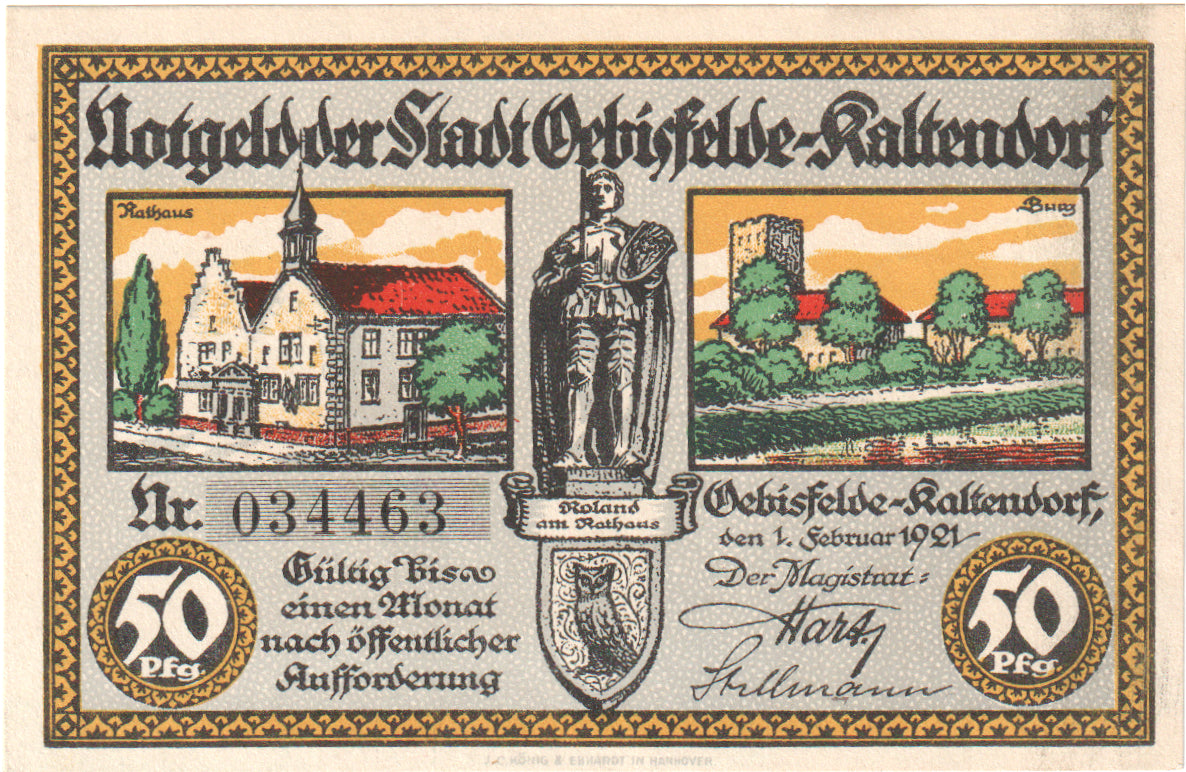 Banknot, Niemcy, Oebisfelde-Kaltendorf Stadt, 50 Pfennig, paysage, 1921