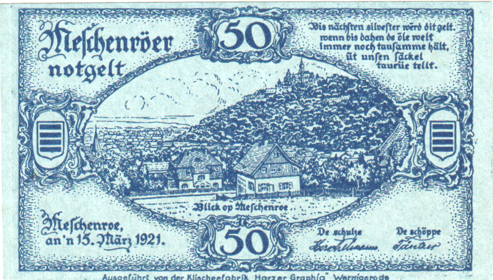 Banconote, Germania, Noschenrode Gemeinde, 50 Pfennig, village, 1921, SPL