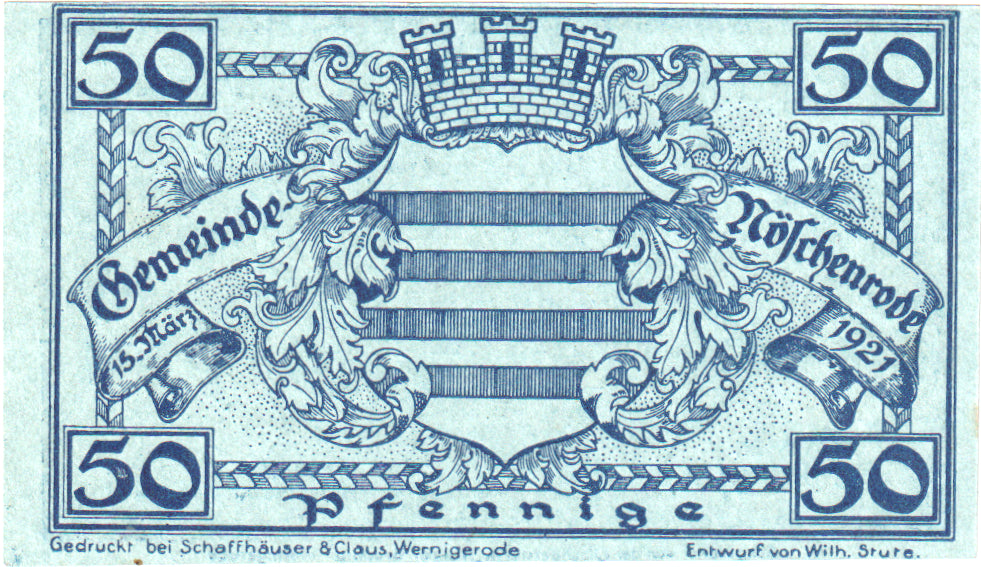 Banconote, Germania, Noschenrode Gemeinde, 50 Pfennig, village, 1921, SPL