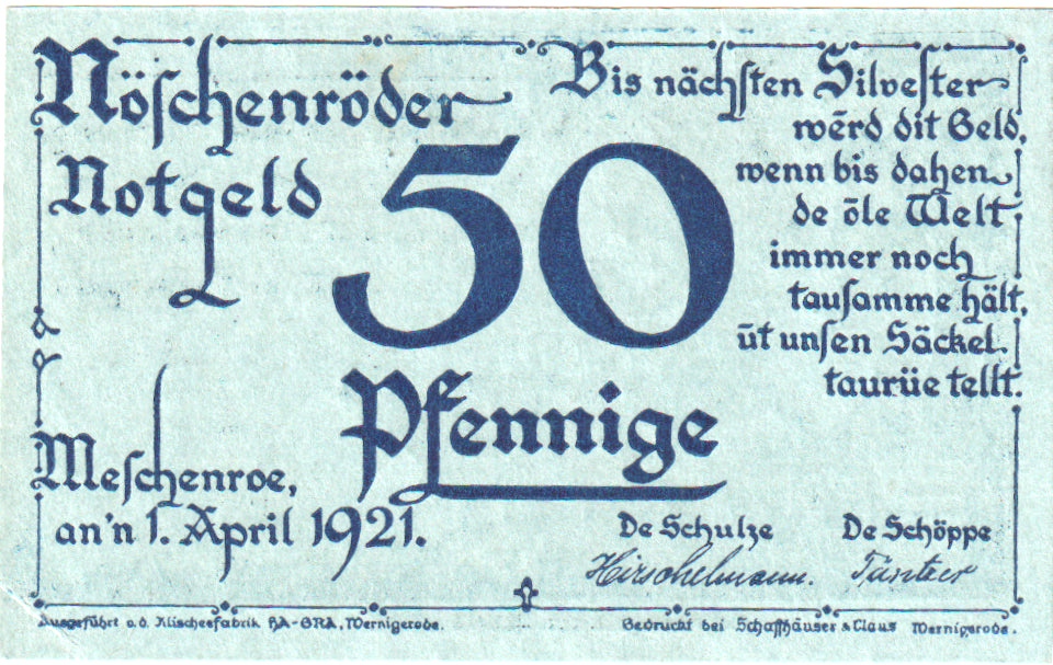 Geldschein, Deutschland, Noschenrode Gemeinde, 50 Pfennig, personnage, 1921