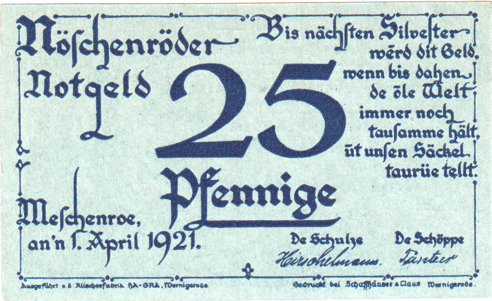 Geldschein, Deutschland, Noschenrode Gemeinde, 25 Pfennig, personnage, 1921