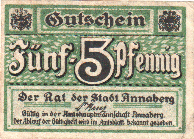 Geldschein, Deutschland, Annaberg Stadt, 5 Pfennig, Ecusson, 1920, VZ+
