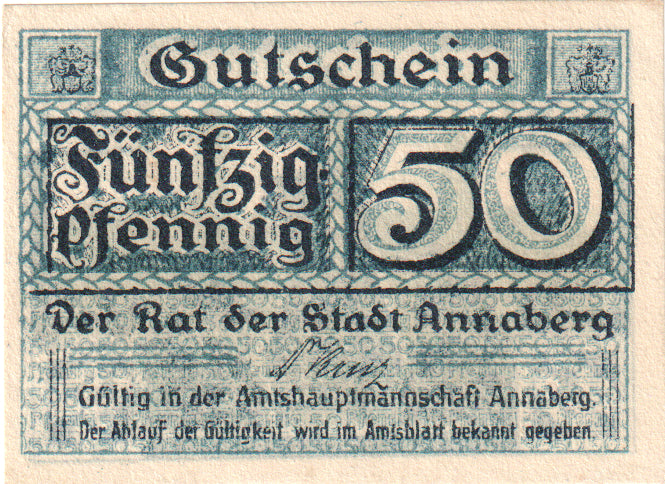 Banknot, Niemcy, Annaberg Stadt, 50 Pfennig, Ecusson, 1920, UNC(60-62)