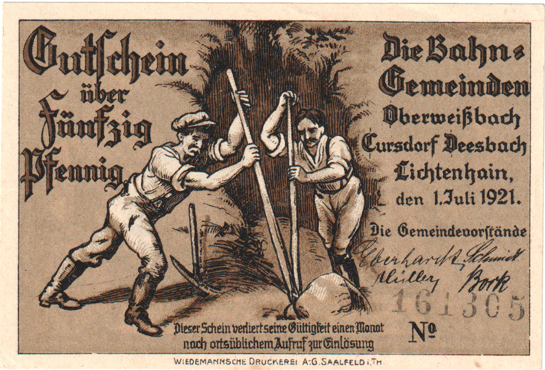 Banknot, Niemcy, Oberweißbach, Cursdorf Deesbach und Lichtenhain Gemeinden, 50