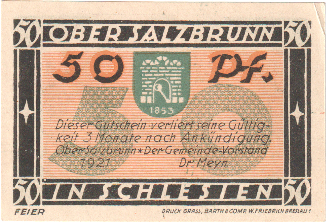 Banknote, Germany, Salzbrunn, 50 Pfennig, château, 1921, UNC(60-62)