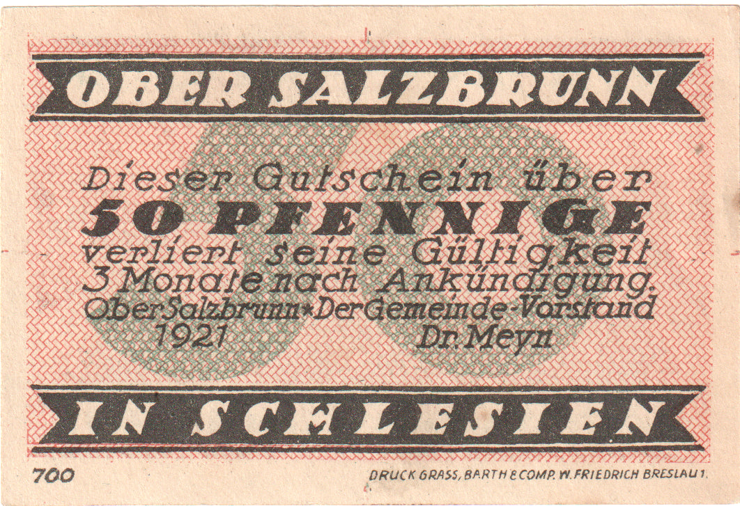Billete, Alemania, Salzbrunn, 50 Pfennig, paysage, 1921, EBC+, Mehl:1000.1