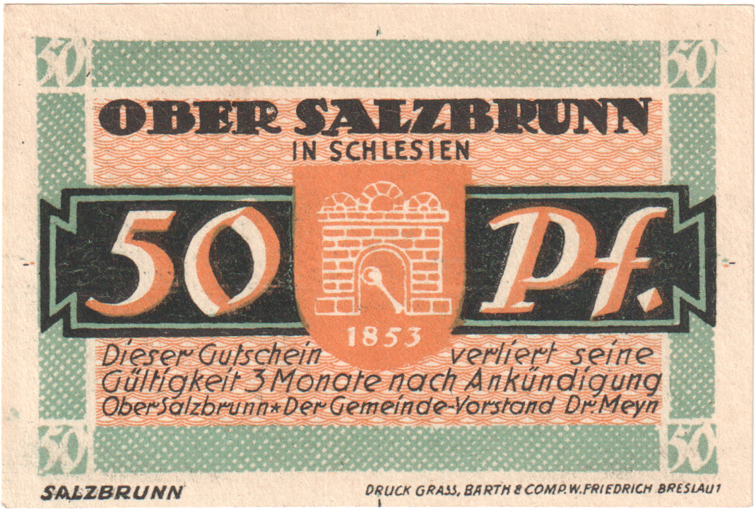 Billete, Alemania, Salzbrunn, 50 Pfennig, personnage, 1921, EBC+, Mehl:1000.1