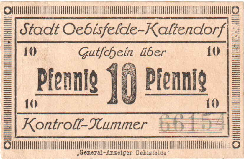 Billete, Alemania, Oebisfelde-Kaltendorf Stadt, 10 Pfennig, N.D, undated (1920)