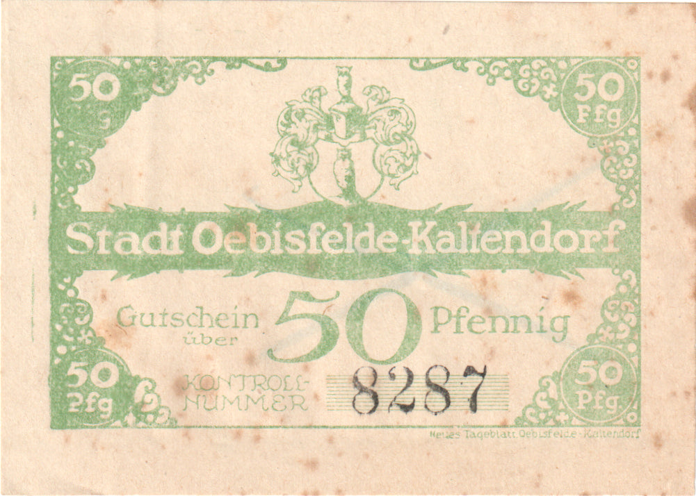 Banknot, Niemcy, Oebisfelde-Kaltendorf Stadt, 50 Pfennig, N.D, undated (1920)