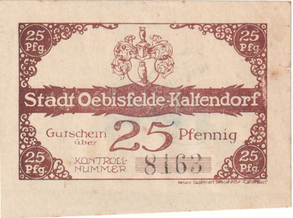 Banconote, Germania, Oebisfelde-Kaltendorf Stadt, 25 Pfennig, N.D, undated