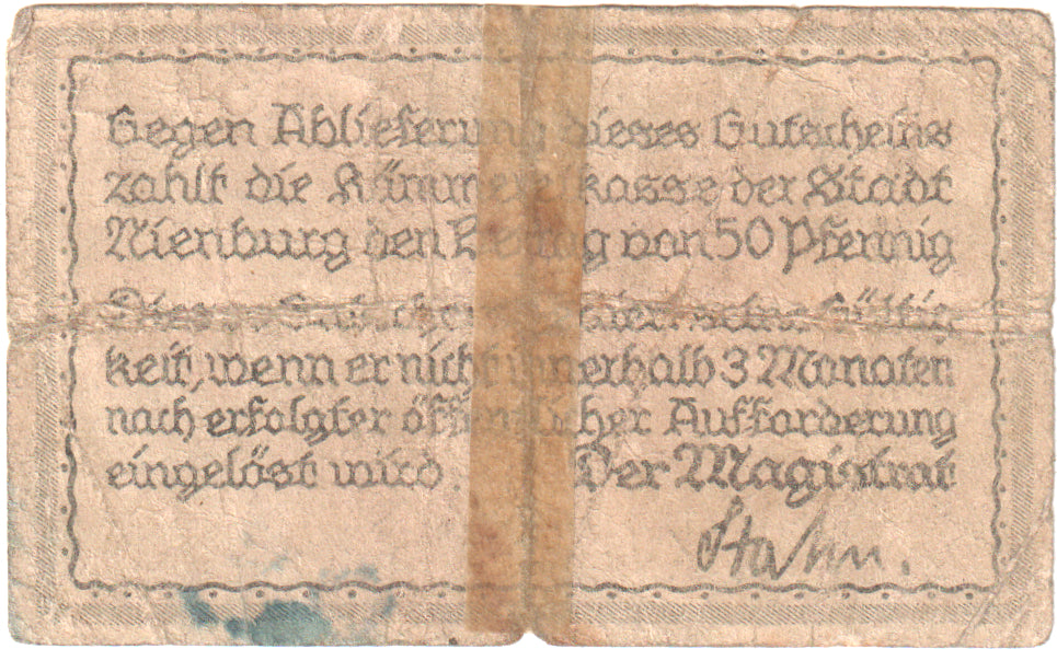 Geldschein, Deutschland, Nienburg, 50 Pfennig, Blason, 1919, SS+, Mehl:N46.3a