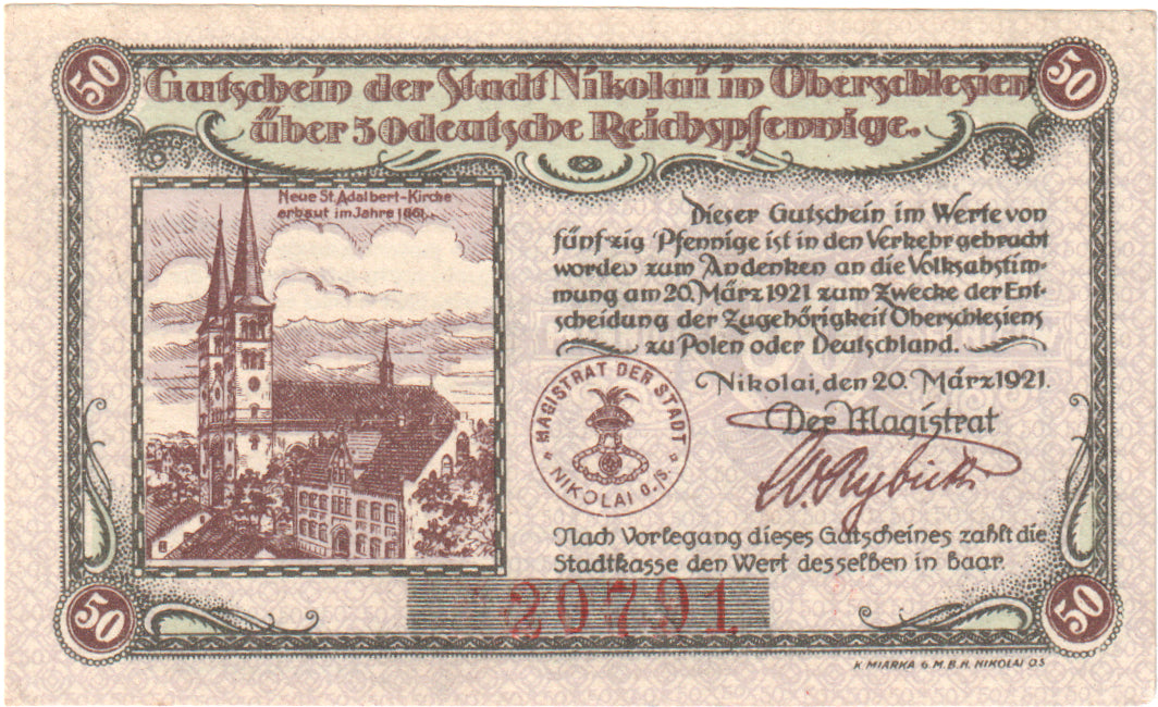 Banknote, Germany, Nikolai Stadt, 50 Pfennig, Eglise 1, 1921, 1921-03-20