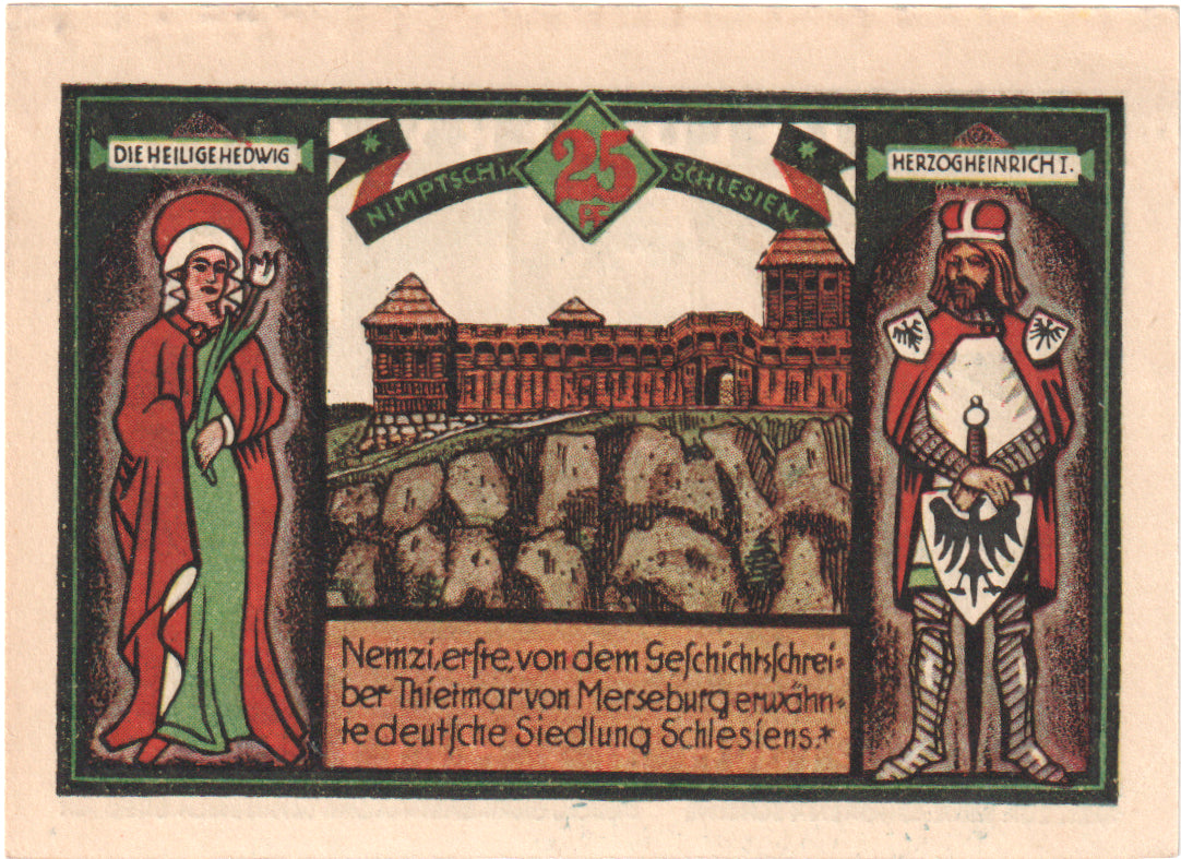 Banconote, Germania, Nimptsch Stadt, 25 Pfennig, Monument, 1921, SPL, Mehl:977.1