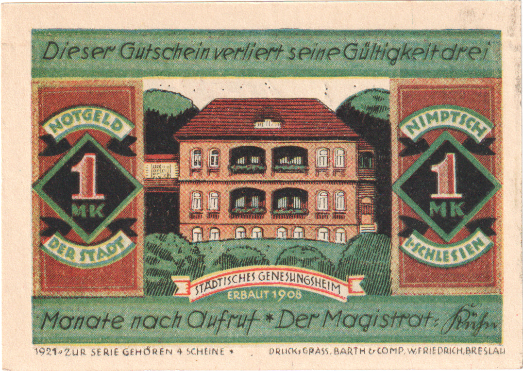 Banknot, Niemcy, Nimptsch Stadt, 1 Mark, Maison, 1921, UNC(60-62), Mehl:977.1