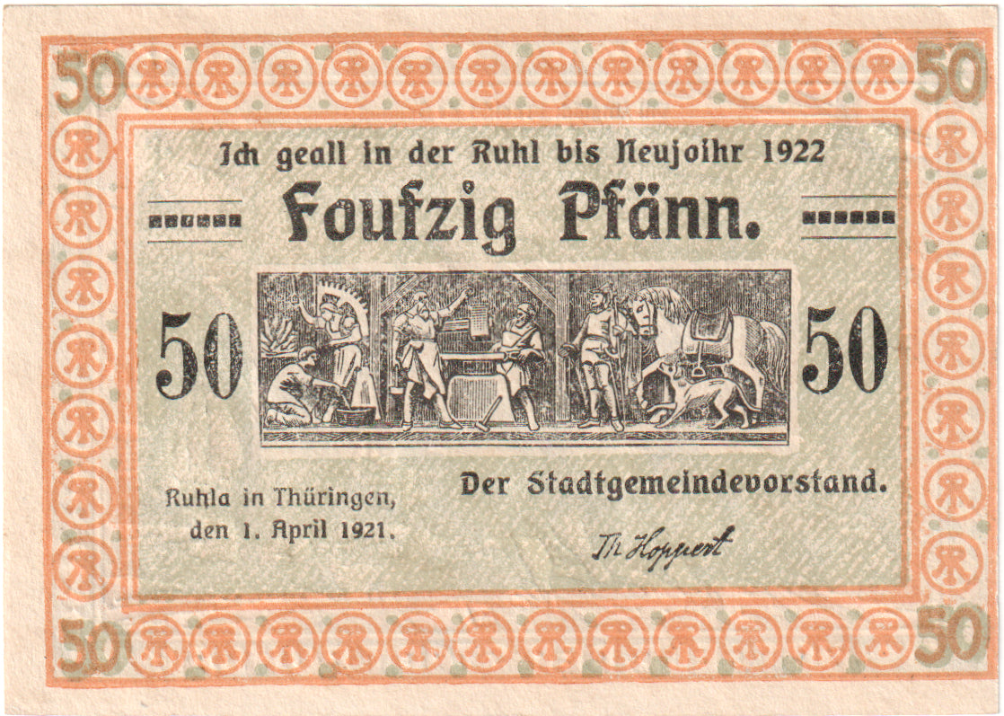 Geldschein, Deutschland, Ruhla Stadte, 50 Pfennig, personnage, 1922, 1921-04-01