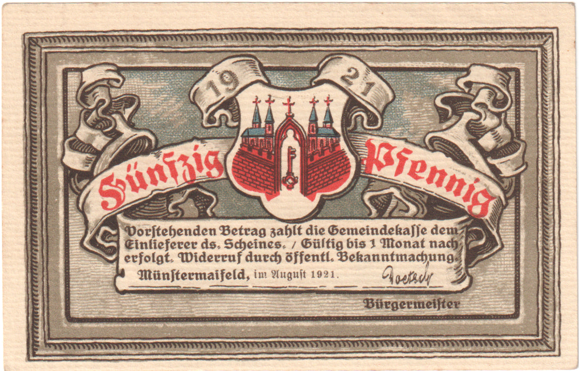 Banknot, Niemcy, Munster, 50 Pfennig, château, 1921, UNC(60-62), Mehl:919.3
