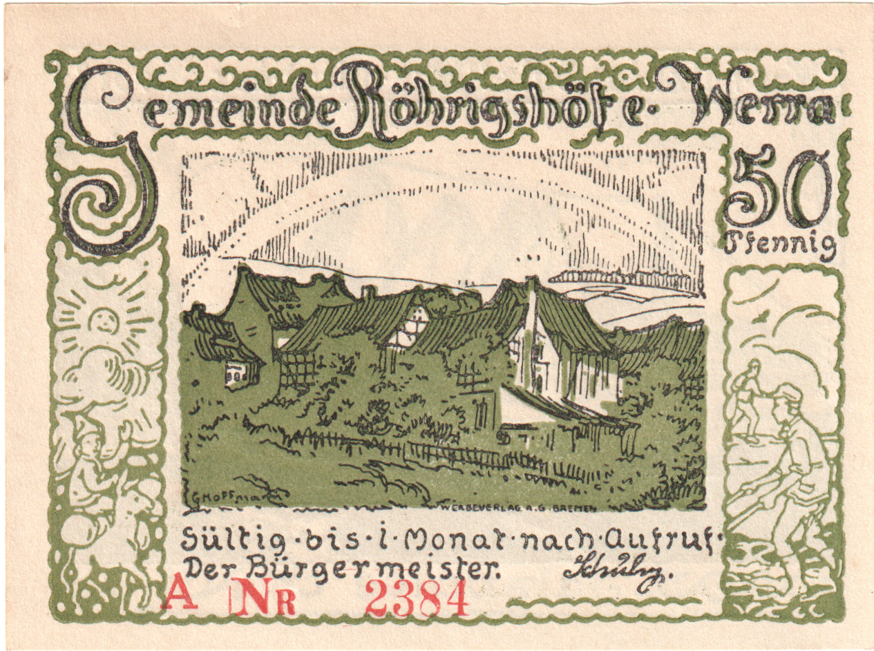 Banknot, Niemcy, rohrigshofe a werra gemeinde, 50 Pfennig, paysage, 1922