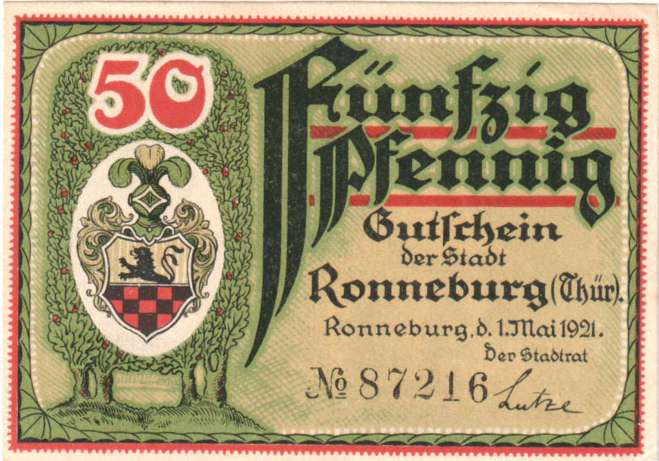 Billete, Alemania, Ronneburg, 50 Pfennig, mairie 1, 1921, 1921-05-01, SC