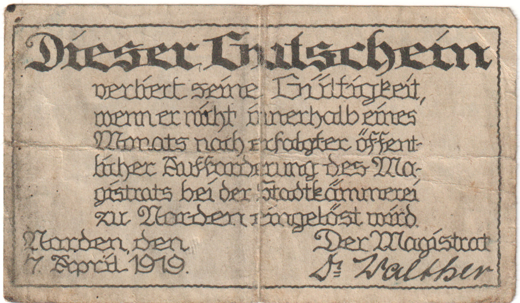 Nota, Alemanha, Norden Stadt, 50 Pfennig, Texte, 1919, 1919-04-07, UNC(60-62)
