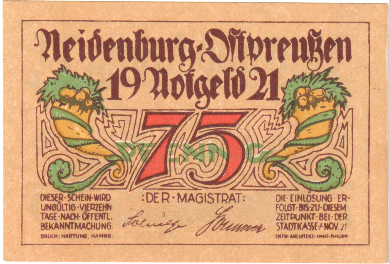 Geldschein, Deutschland, Neidenburg Stadt, 75 Pfennig, paysage, 1921