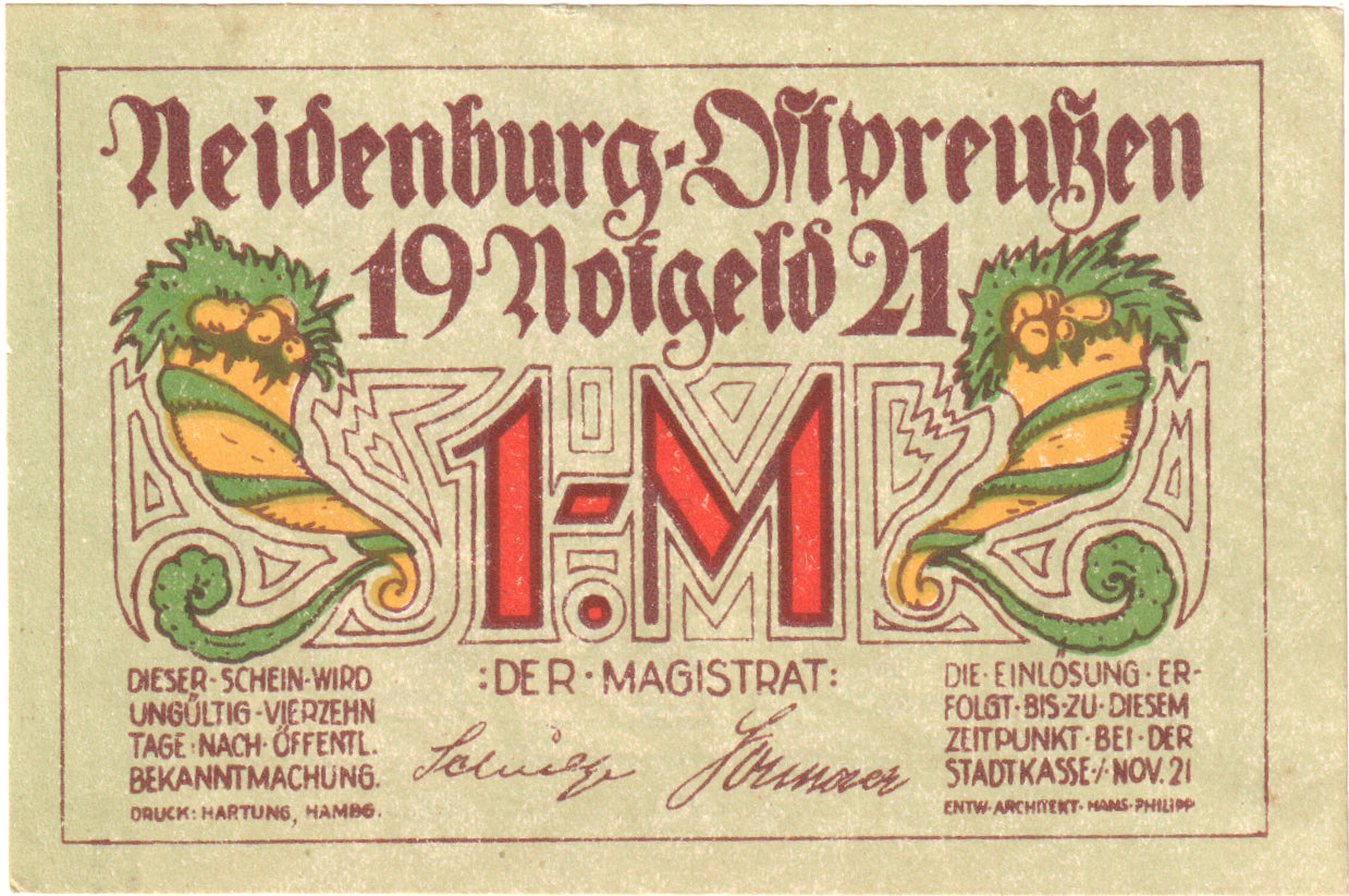 Banconote, Germania, Neidenburg Stadt, 1 Mark, Maison, 1921, 1921-11-01, FDS