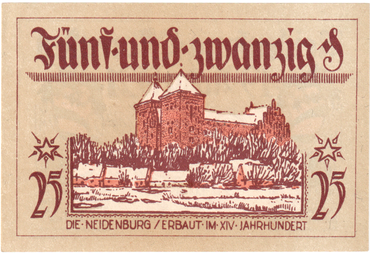 Geldschein, Deutschland, Neidenburg Stadt, 25 Pfennig, Batiment, 1921