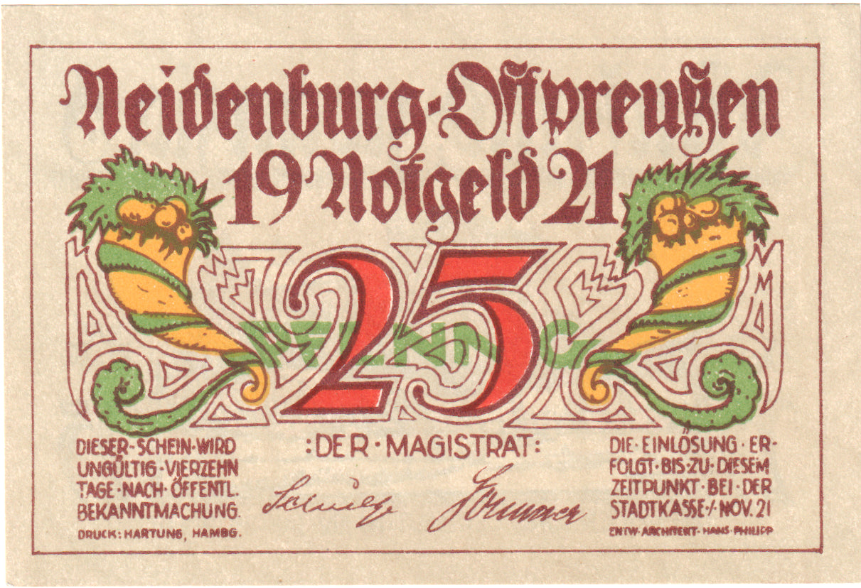 Geldschein, Deutschland, Neidenburg Stadt, 25 Pfennig, Batiment, 1921