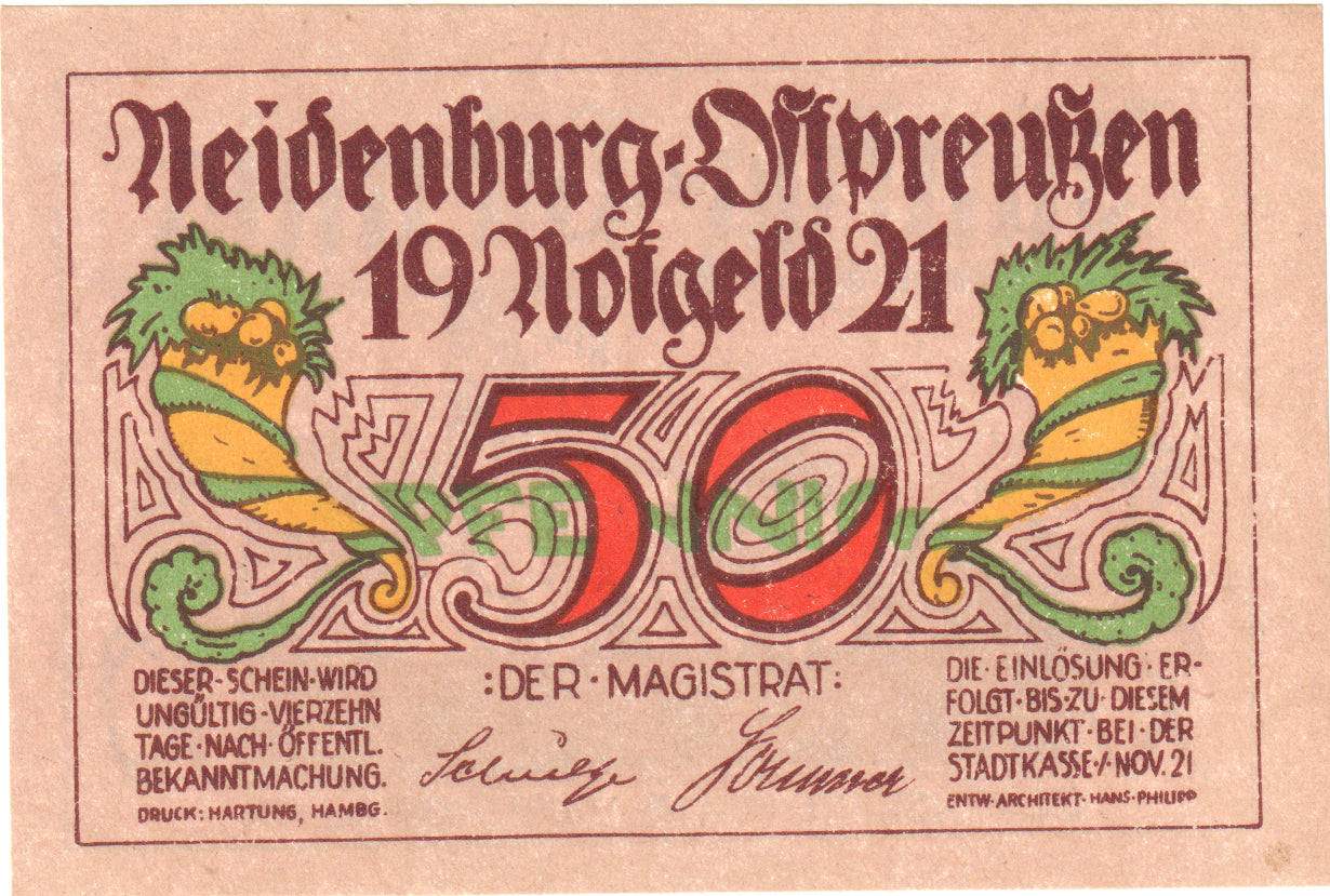 Geldschein, Deutschland, Neidenburg Stadt, 50 Pfennig, Batiment, 1921