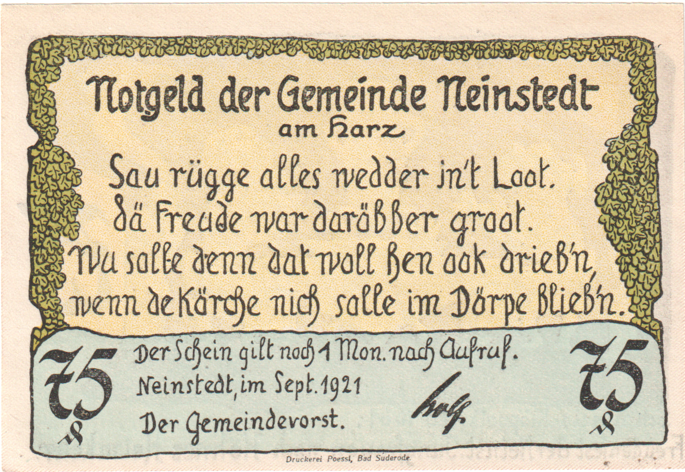 Geldschein, Deutschland, Neinstedt, 75 Pfennig, personnage, 1921, 1921-09-01