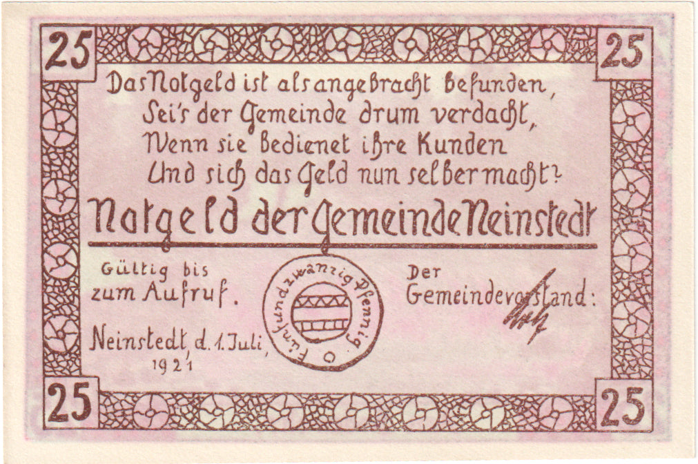 Billete, Alemania, Neinstedt, 25 Pfennig, paysage, O.D, UNC, Mehl:933.1